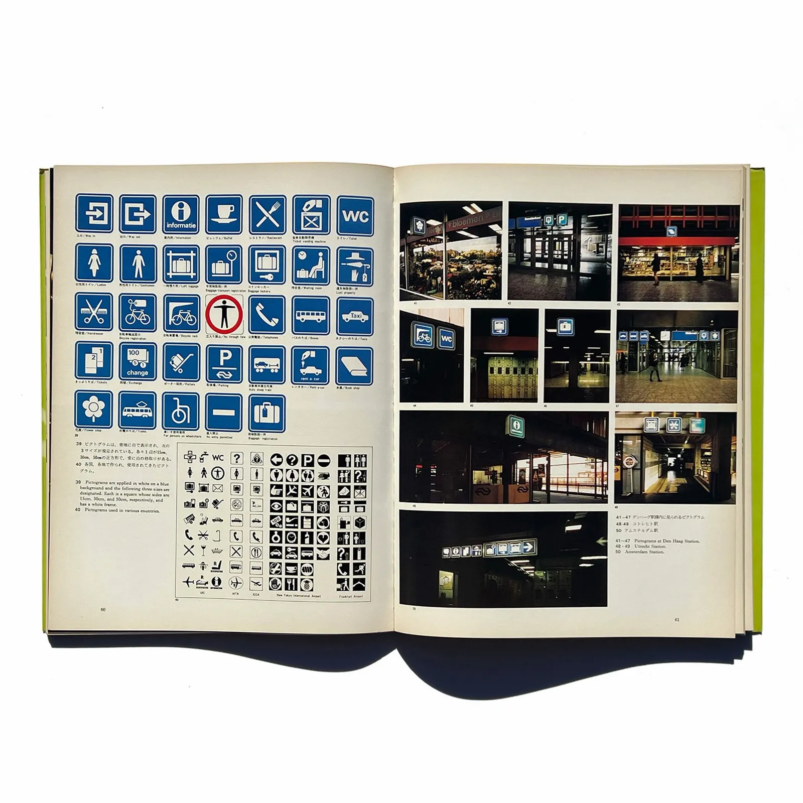 Interior spread from A2 Public Transportation Systems documenting Netherlands Railways station pictograms and photographs of them in use at Den Haag, Utrecht, and Amsterdam stations.