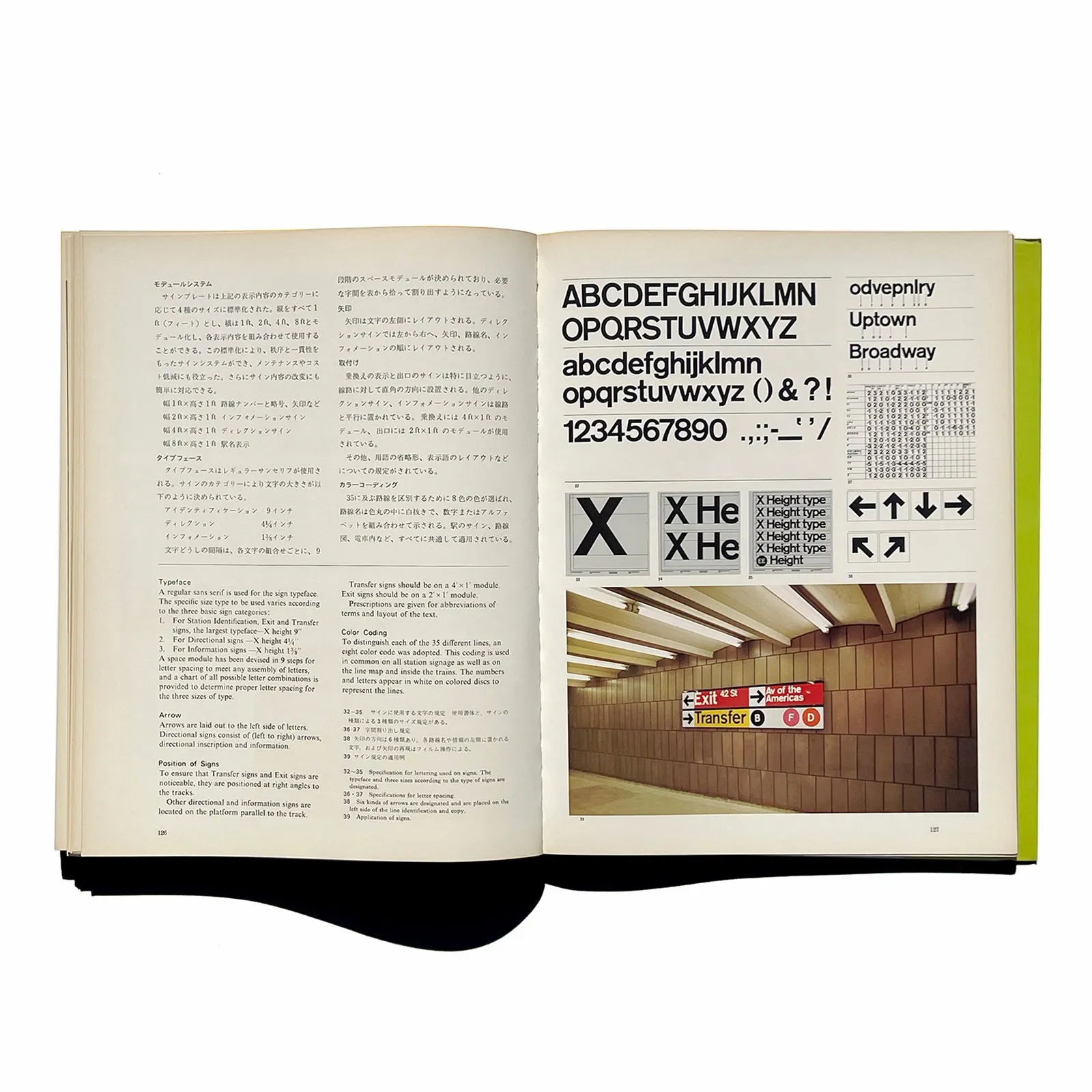 Interior spread from A2 Public Transportation Systems documenting the New York City subway signage system, typeface, and color coding.