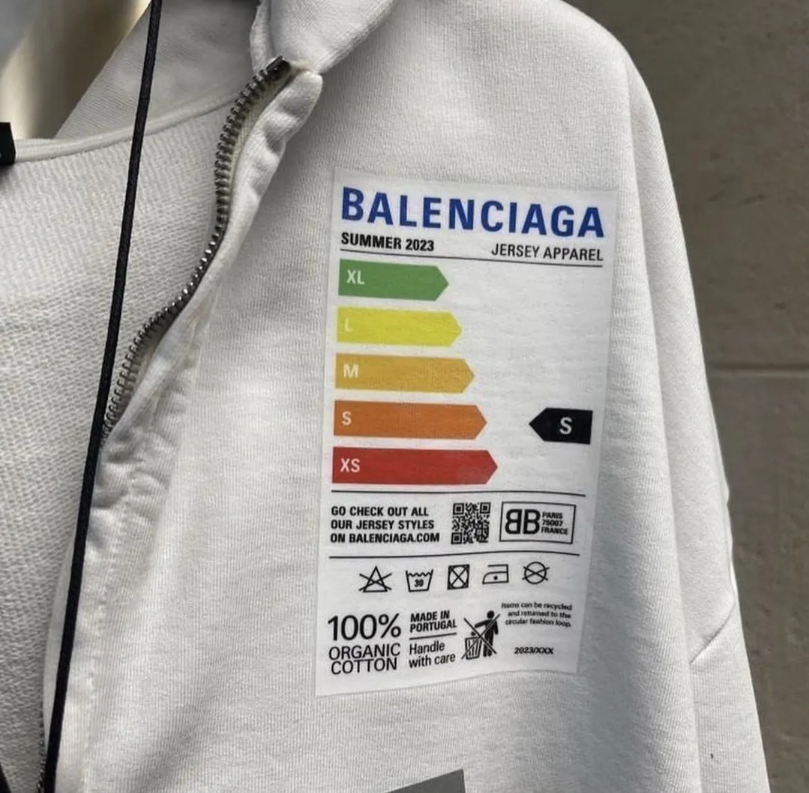 Balenciaga Summer 2023 energy rating style label on a jersey piece.