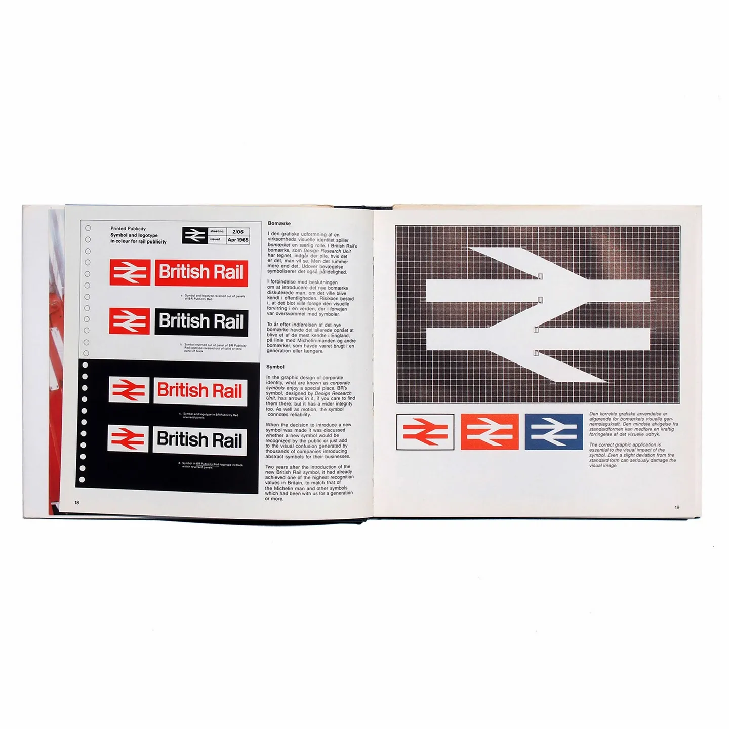 Interior spread of British Rail Design showing the double-arrow symbol on a printer's grid alongside logotype color variants.
