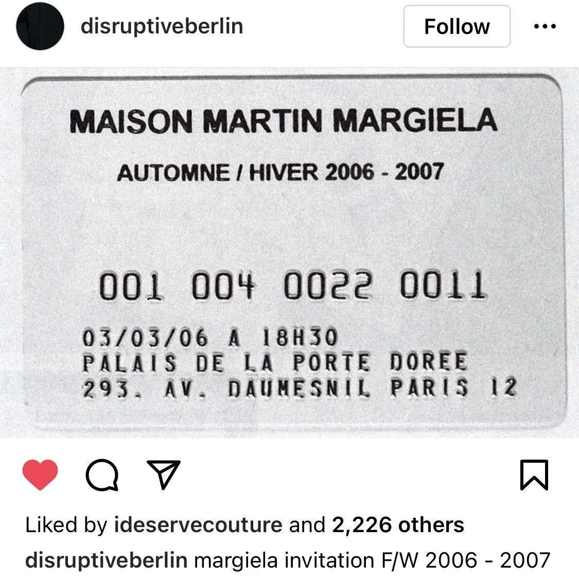 Margiela FW 2006 to 2007 show invitation, embossed metal card format.