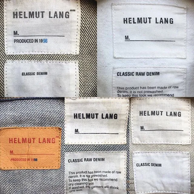 Various Helmut Lang label configurations across pieces.