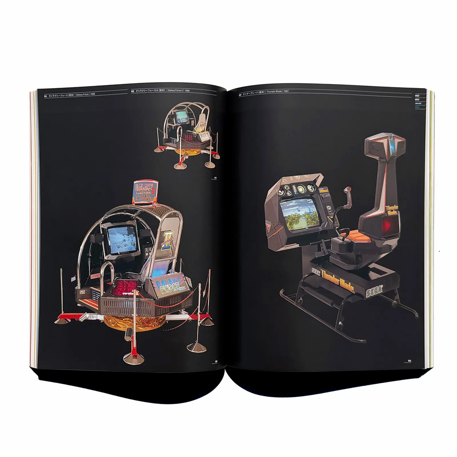 Interior spread from idea 352 showing Sega arcade cabinet photography for Galaxy Force, Galaxy Force II, and Thunder Blade.