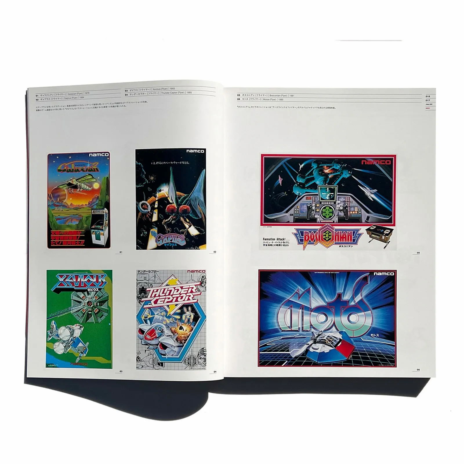 Interior spread from idea 352 showing Namco arcade flyers for Galaxian, Gaplus, Xevious, Thunder Ceptor, Bosconian, and Motos.