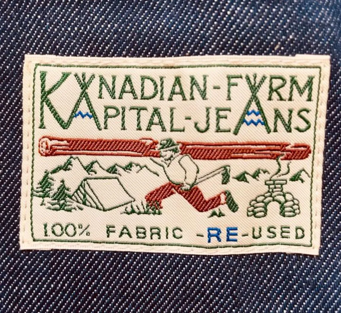Kapital Kanadian Farm woven jeans label.