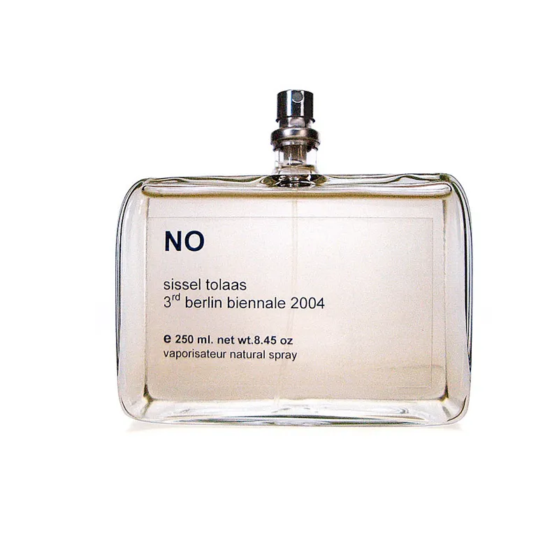A perfume bottle labeled NO, sissel tolaas, 3rd berlin biennale 2004, with a single metal spray nozzle at the top.