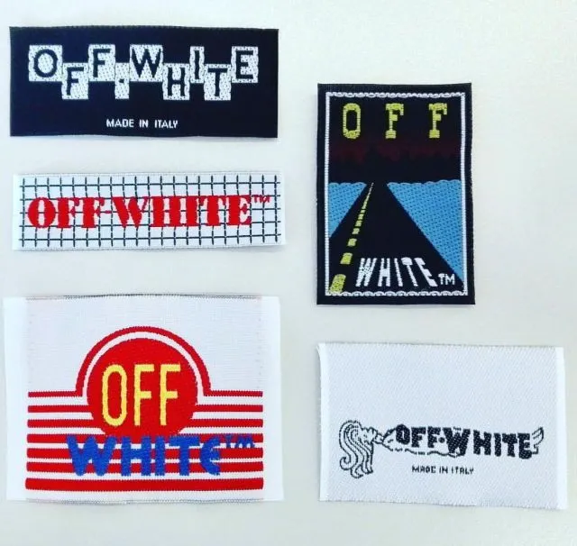 A group of Off-White woven labels across different collections.