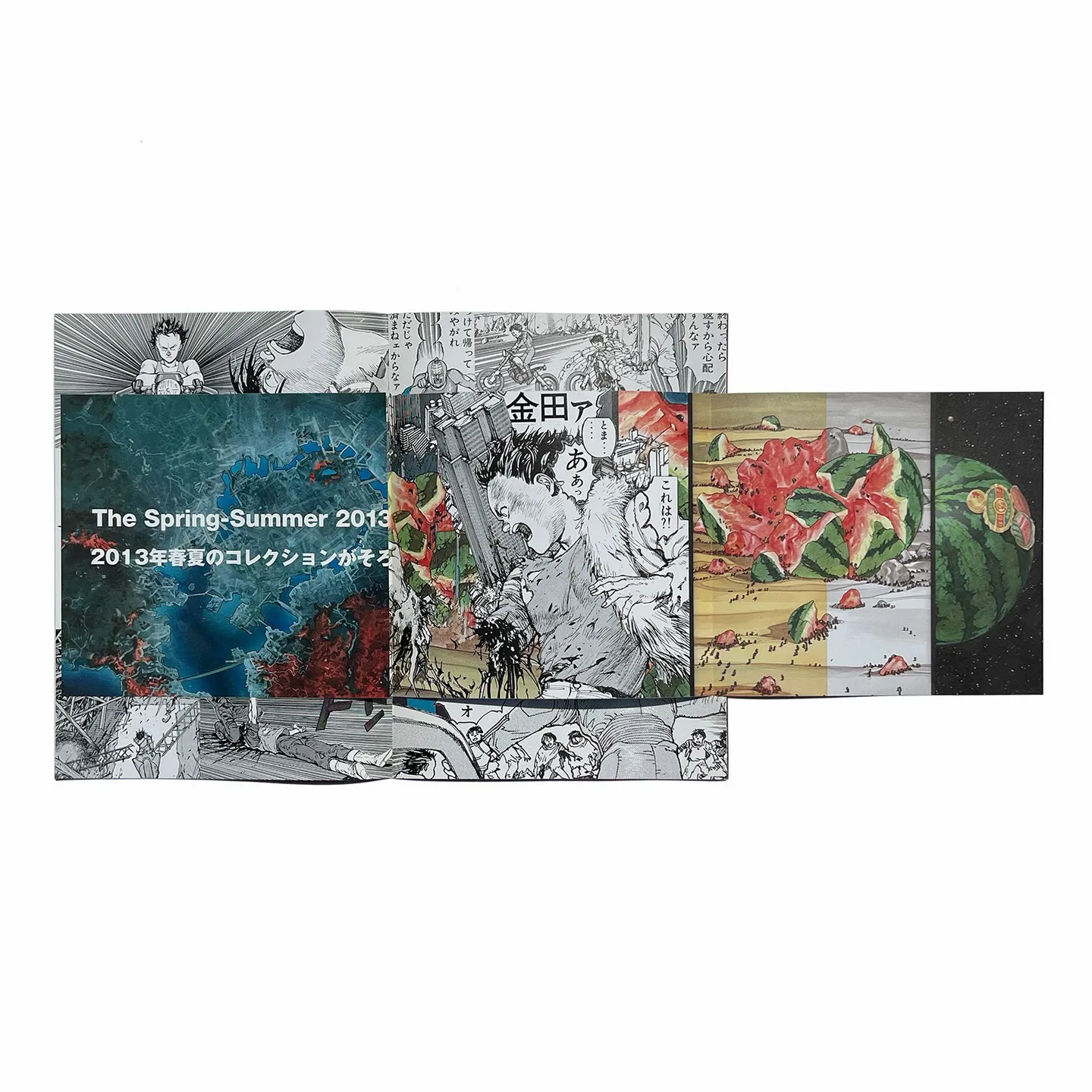 Interior spread of a Comme des Garcons Otomo direct mail booklet, showing manga panels and a printed watermelon illustration across three panels.