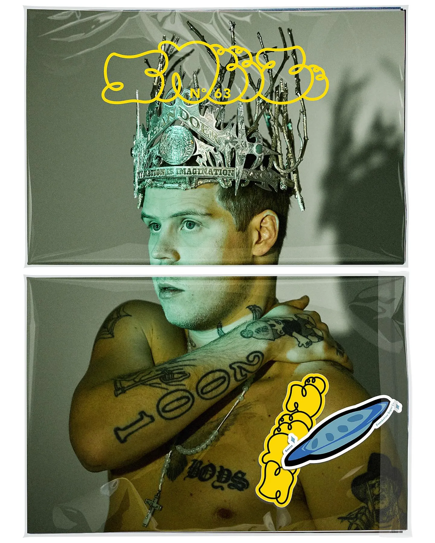 Yung Lean on the cover of Sneeze N°63 wearing a tarnished twig crown, and a second image showing his tattoos.