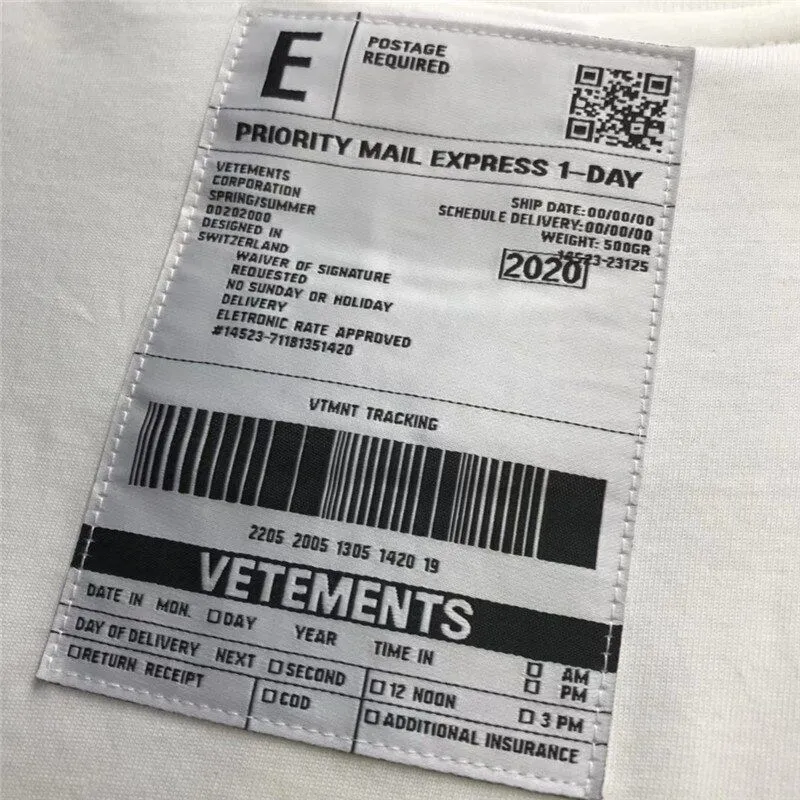 Vetements label styled as a Priority Mail Express shipping form.