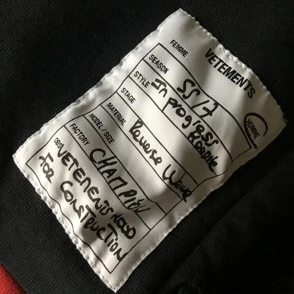 Vetements SS17 handwritten factory-style tag.